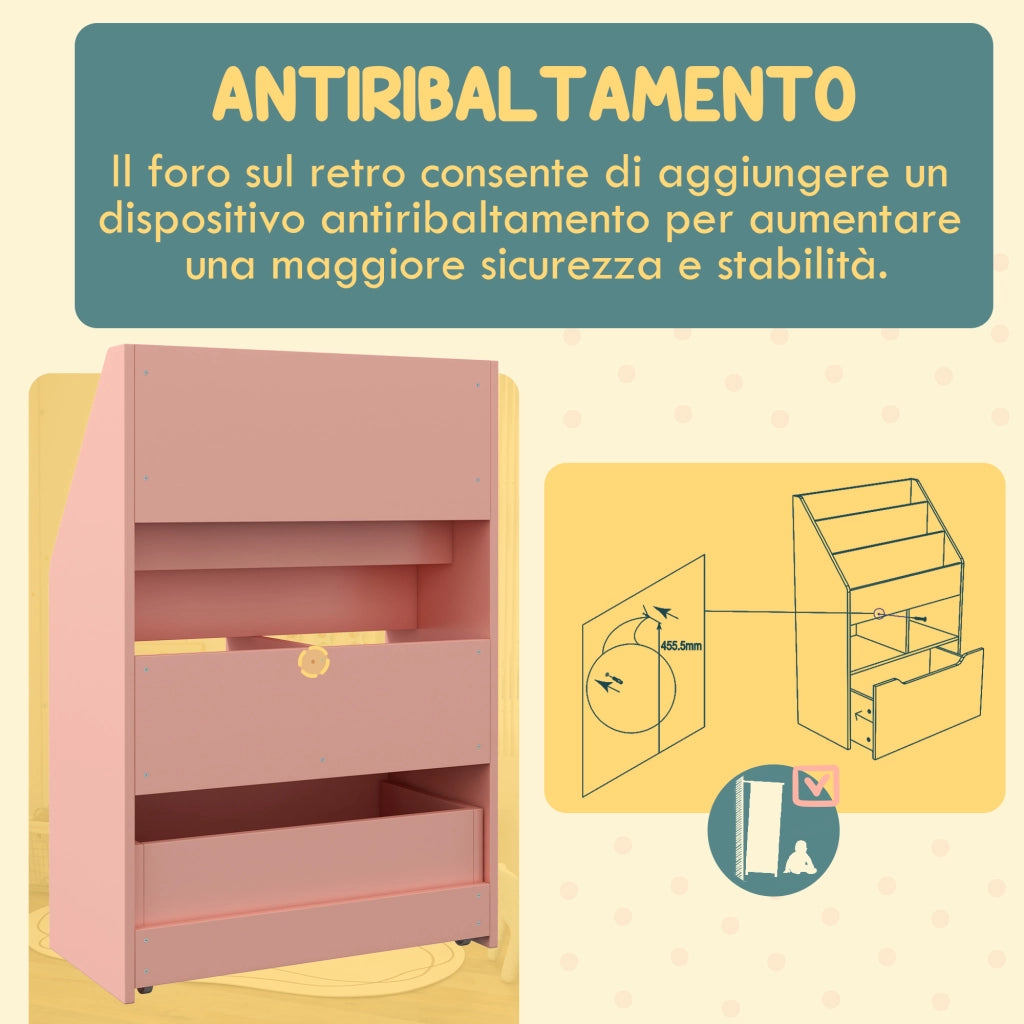 Piccola Libreria per Bambini con Ripiani e Cassetto in MDF, 60x29.9x90cm, Rosa