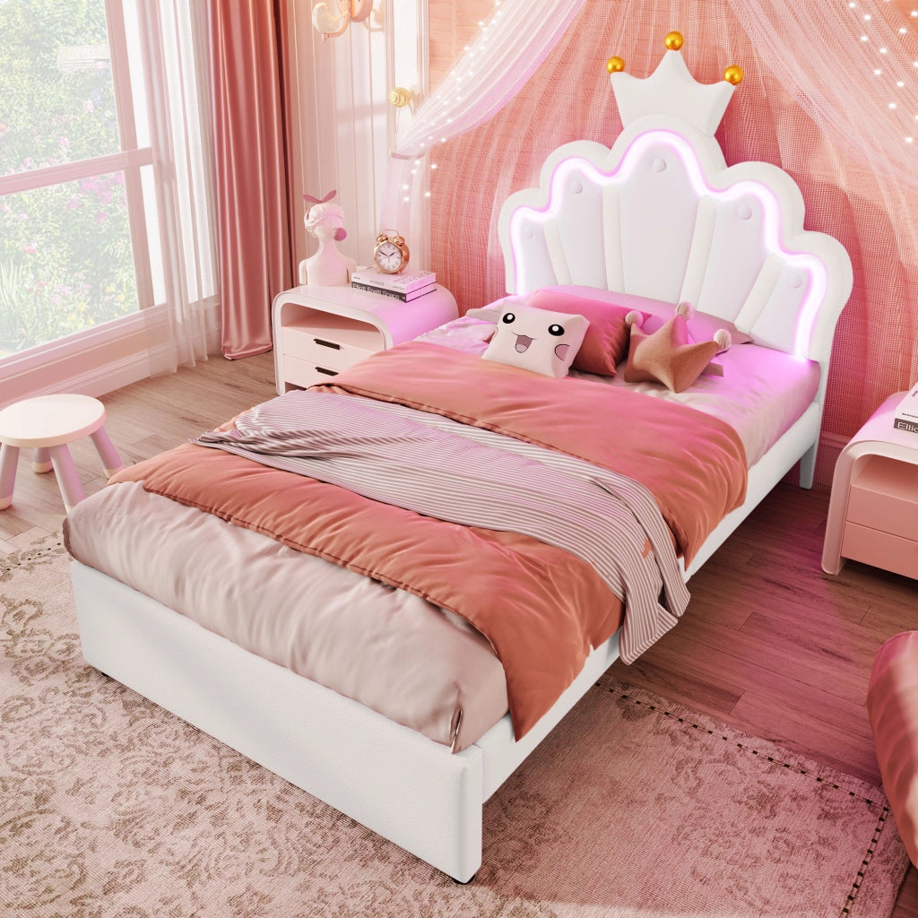 Letto per Bambini 1 Posto con 2 Cassetti; Testiera Regolabile e LED; 90×200 cm; senza Materasso