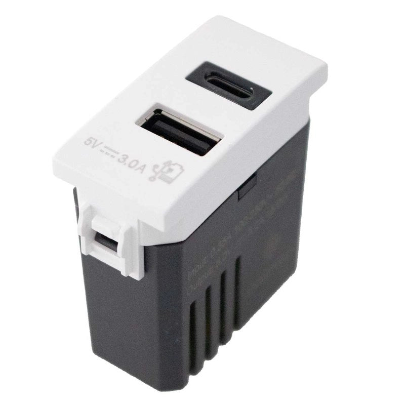 Modulo Presa Caricatore USB 5V 3A  USB-A + USB-C Colore Bianco Compatibile Con Bticino Living e Vimar Plana