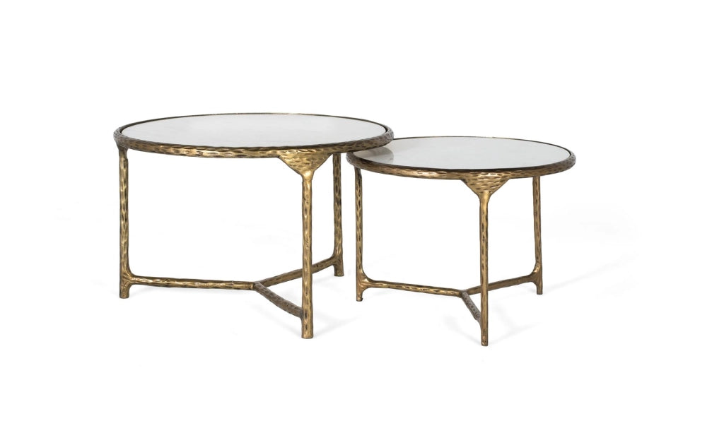 Set di 2 tavolini rotondi color oro e bianco