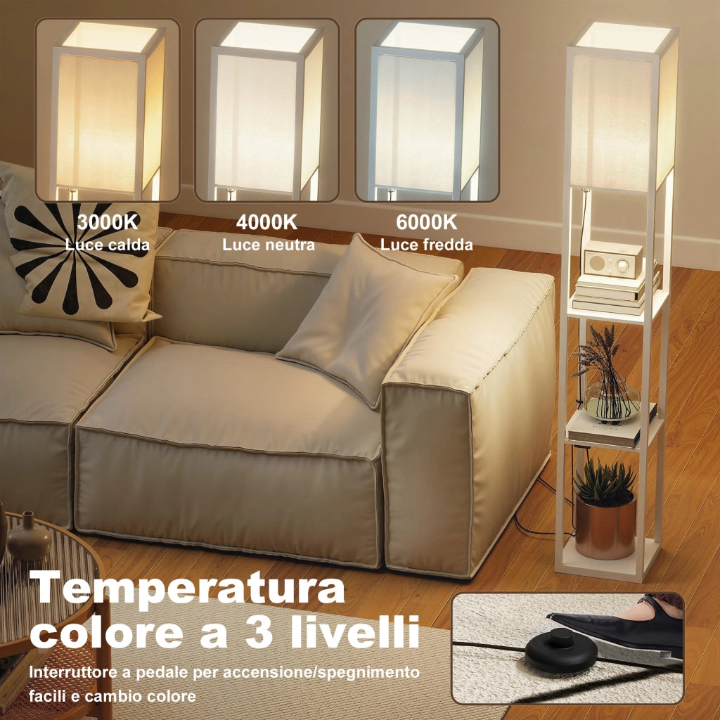 Lampada da Terra con Ripiani, Luce Regolabile, Interruttore a Pedale e Porte USB, Bianco