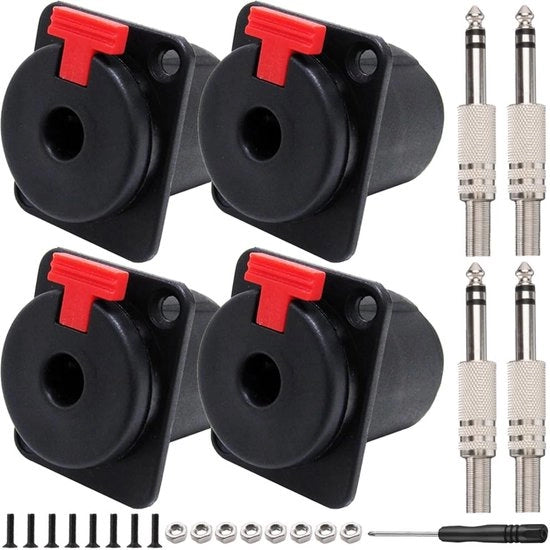 Kit di installazione di connettori audio 6,35 mm - Socket stereo femmina - Mono/TRS - 4 pezzi - PVC/Kupronickel - Facile da installare - Jack audio