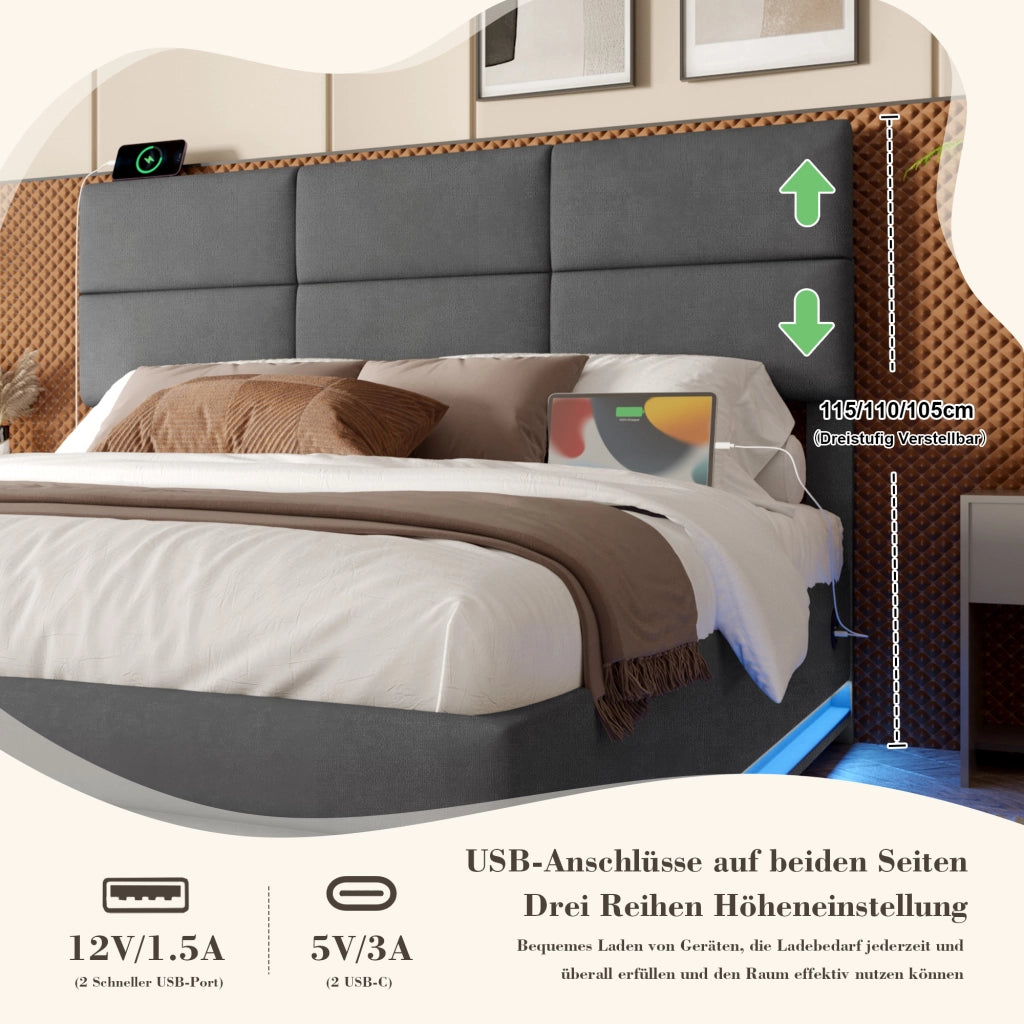 Letto Matrimoniale 180x200 cm con LED; USB; Type-C e contenitore; testiera regolabile
