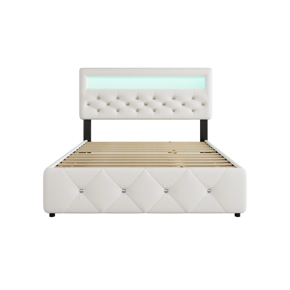 Letto Imbottito Contenitore con Cassetti e Comodino LED ¨C MINIMAL ¨C Bianco 140x200