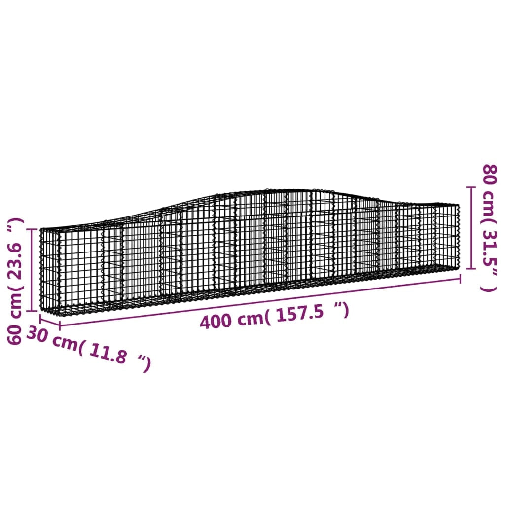 Set di 4 gabbioni ad arco per recinzione gabbia o muro di contenimento 400 x 30 x 60/80 cm ferro zincato argento 02_0041487