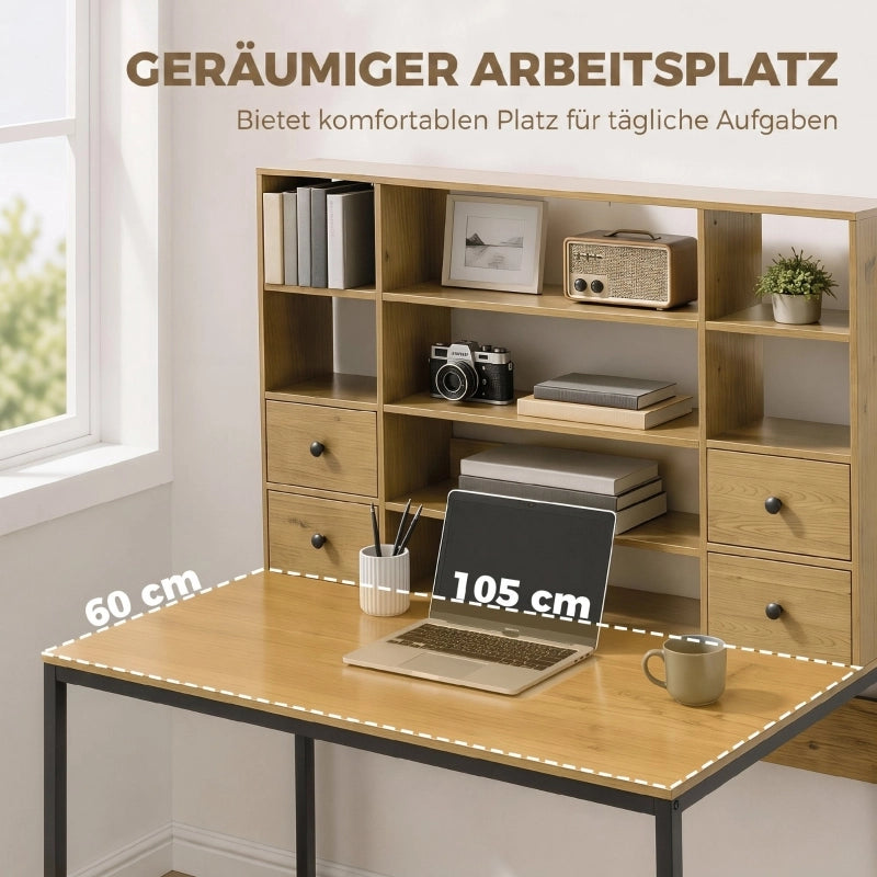 Scrivania per computer con 4 cassetti e ripiani, scrivania 105 cm, legno naturale