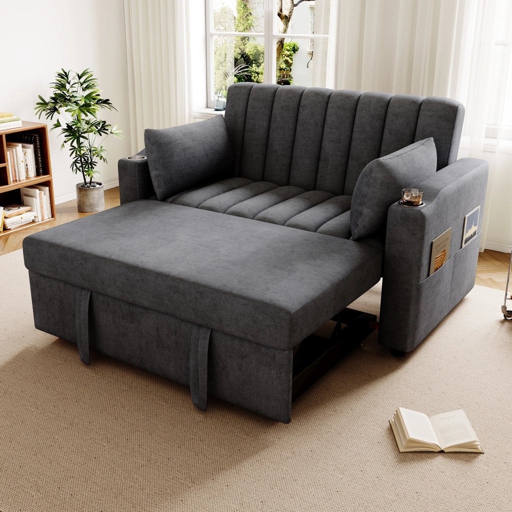 Divano letto 2 Posti con Schienale Regolabile, Portabicchieri e Cuscini, in Cotone Lino Grigio 136 × 162 × 84 cm