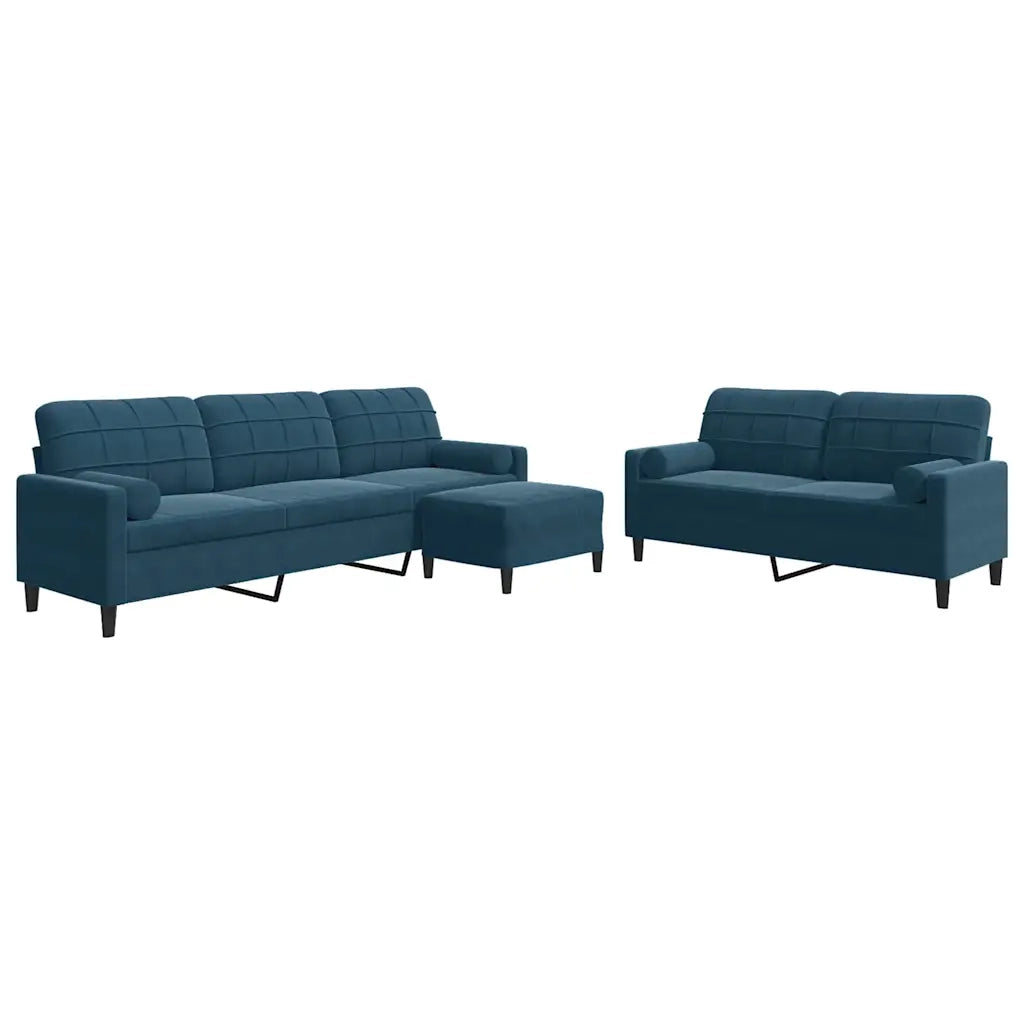 Set di Divani 3 pz con Cuscini e Rinforzi Blu in Velluto