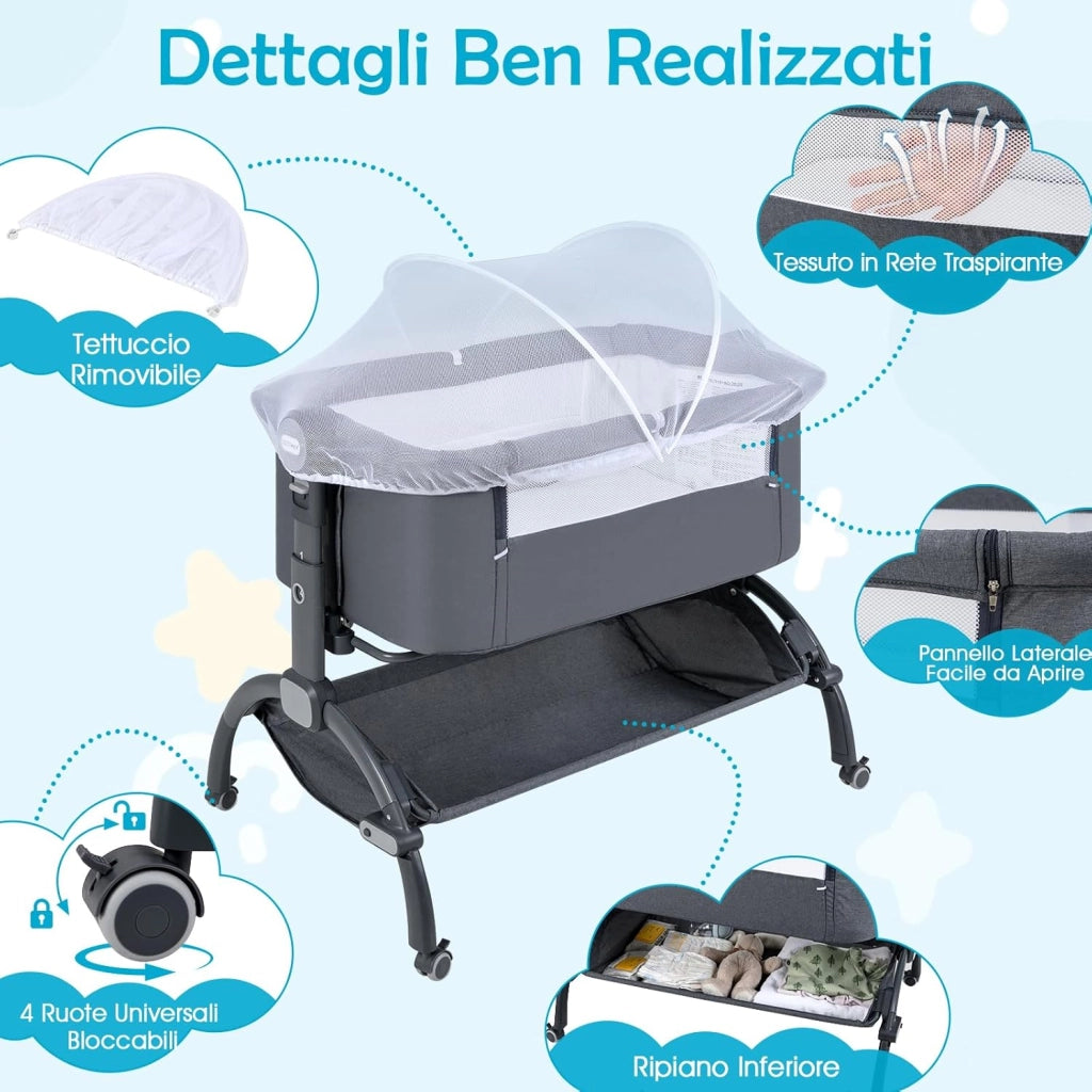 Culla Neonato, Culla Co-Sleeper Regolabile in Altezza a 7 Livelli, Ruote Bloccabili, Cesto Portaoggetti, Materasso e Baldacchino, Lettino Portatile e Pieghevole per Neonati 0-6 Mesi (Grigio)