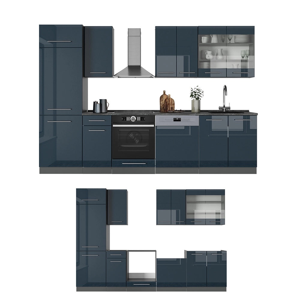Cucina componibile Fame-Line Blu scuro lucido/Antracite 300 cm, PL Rovere Vicco