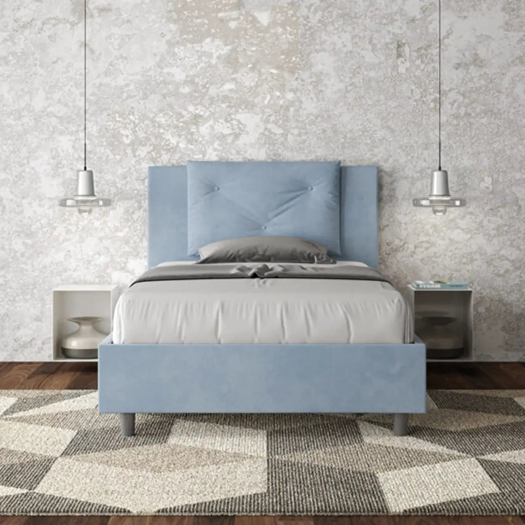 Letto una piazza e mezza con rete imbottito 120x190 microfibra azzurro Appia