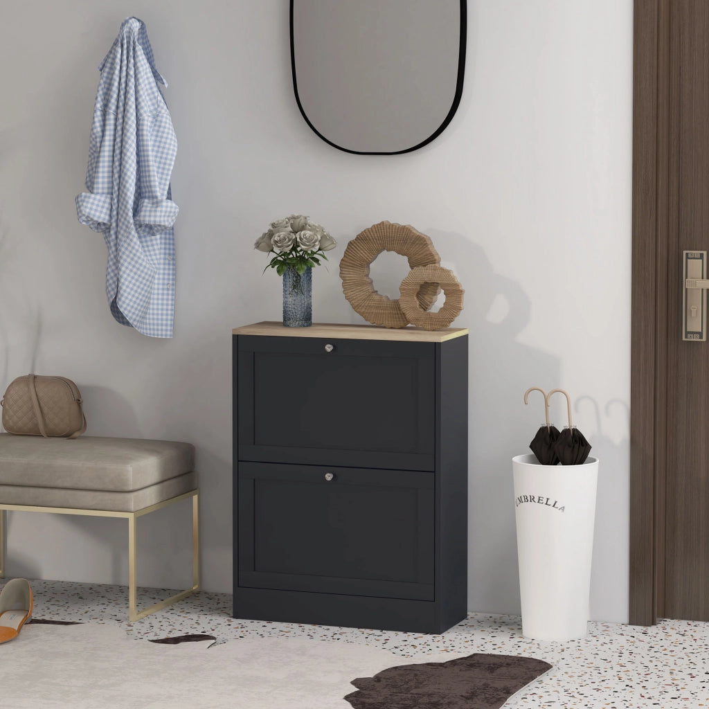 Scarpiera con 2 Cassetti e Ripiani Regolabili ¨C zephmum ¨C Nero 60x23.5x80cm