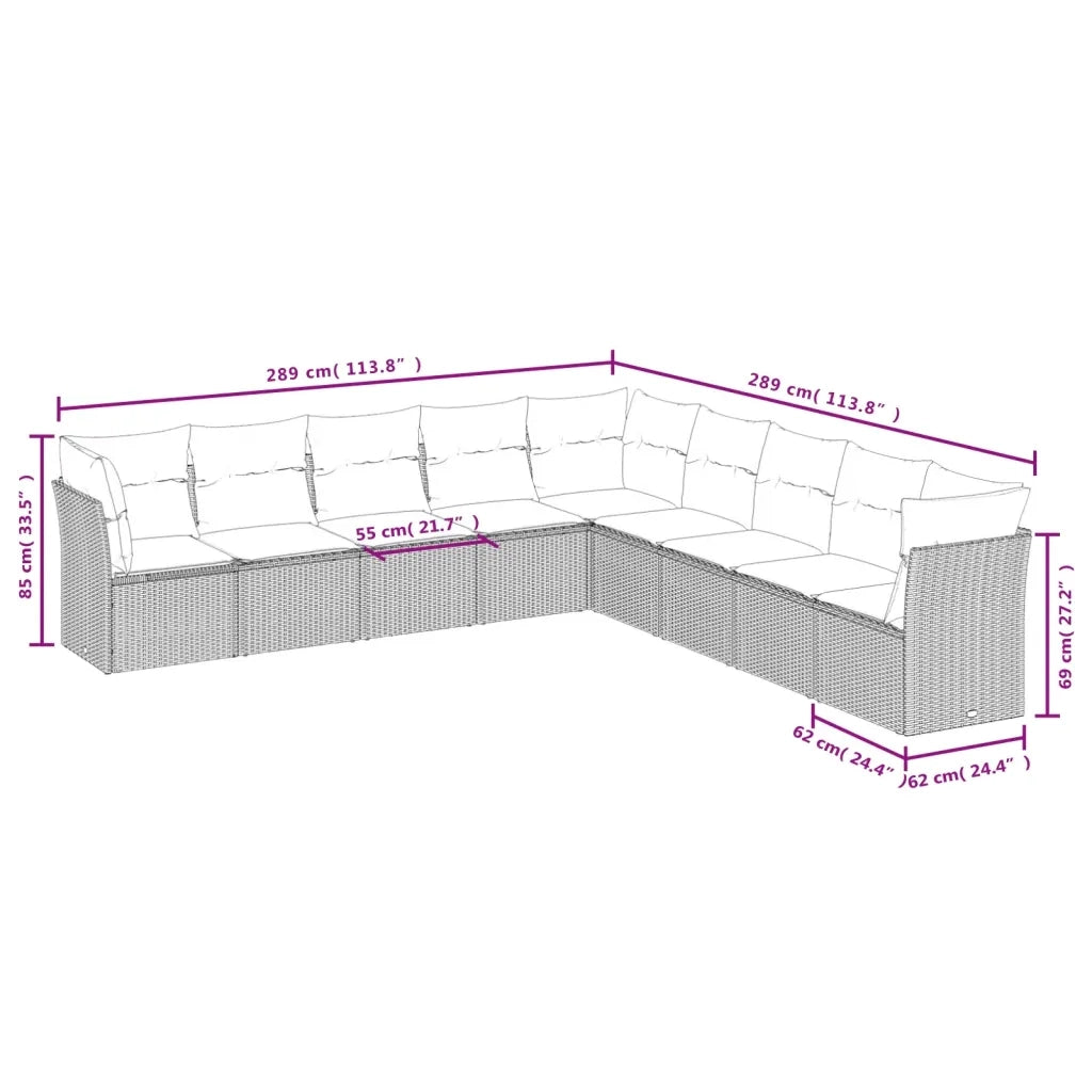 Set Divano da Giardino 9pz con Cuscini Grigio Chiaro Polyrattan