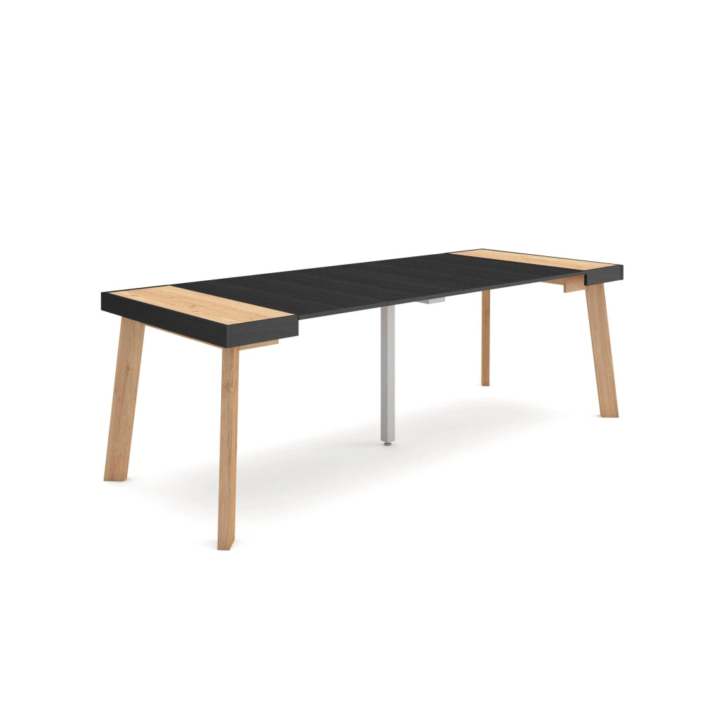 Consolle allungabile, 222x90x73cm, Per 10 persone, Gambe in legno, colore Rovere e nero RF3062