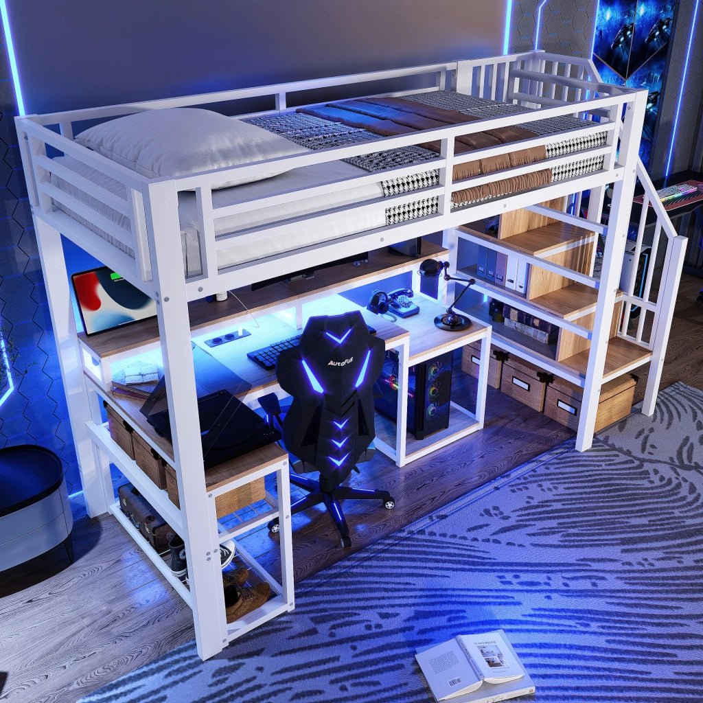 Letto a castello 90x200cm - Zephmum - Struttura in ferro, cassettiere, scale con contenitore, LED, scrivania USB, bianco