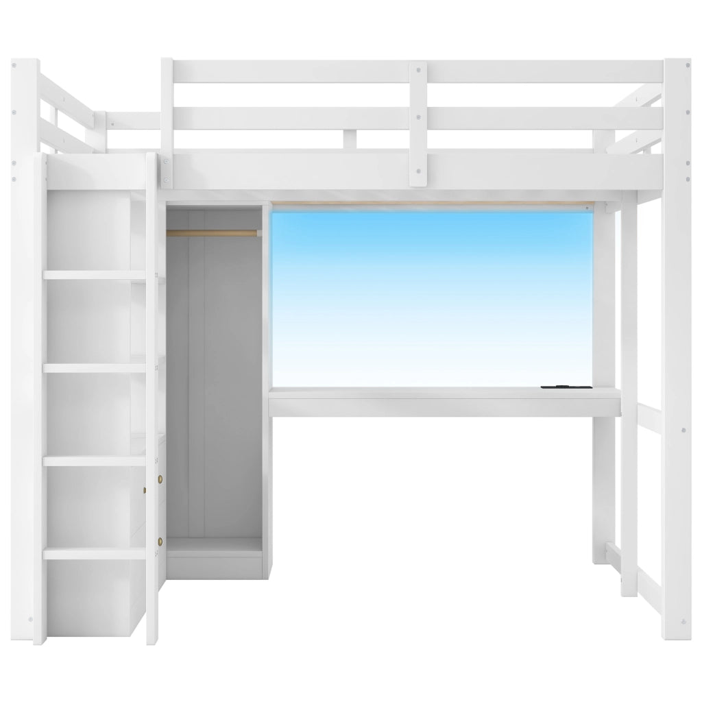 Letto a soppalco 140x200 bianco con scrivania, 2 cassetti, ripiani, LED e USB