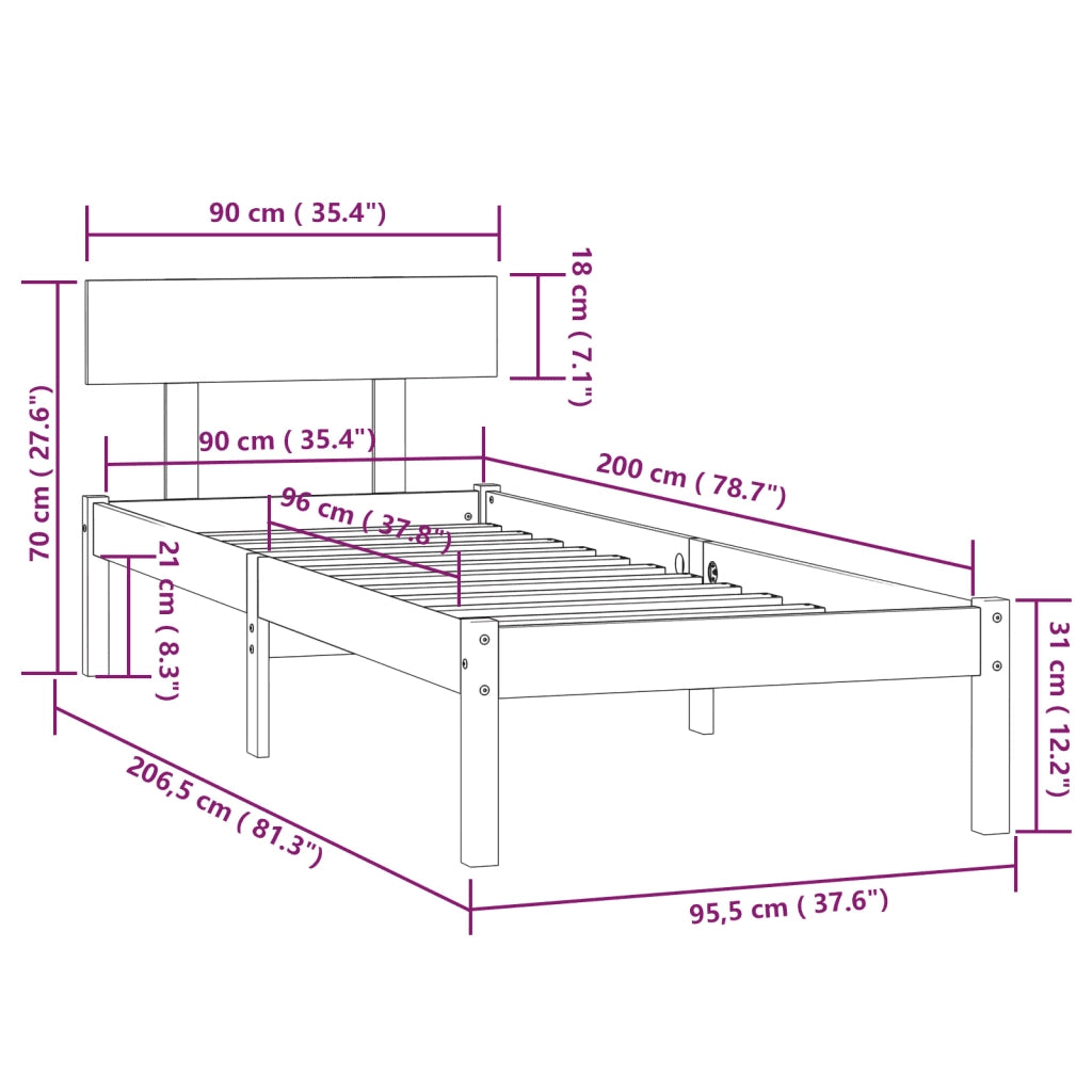 Letto singolo | Letto per adulti | Giroletto Bianco in Legno Massello di Pino 90x200 cm