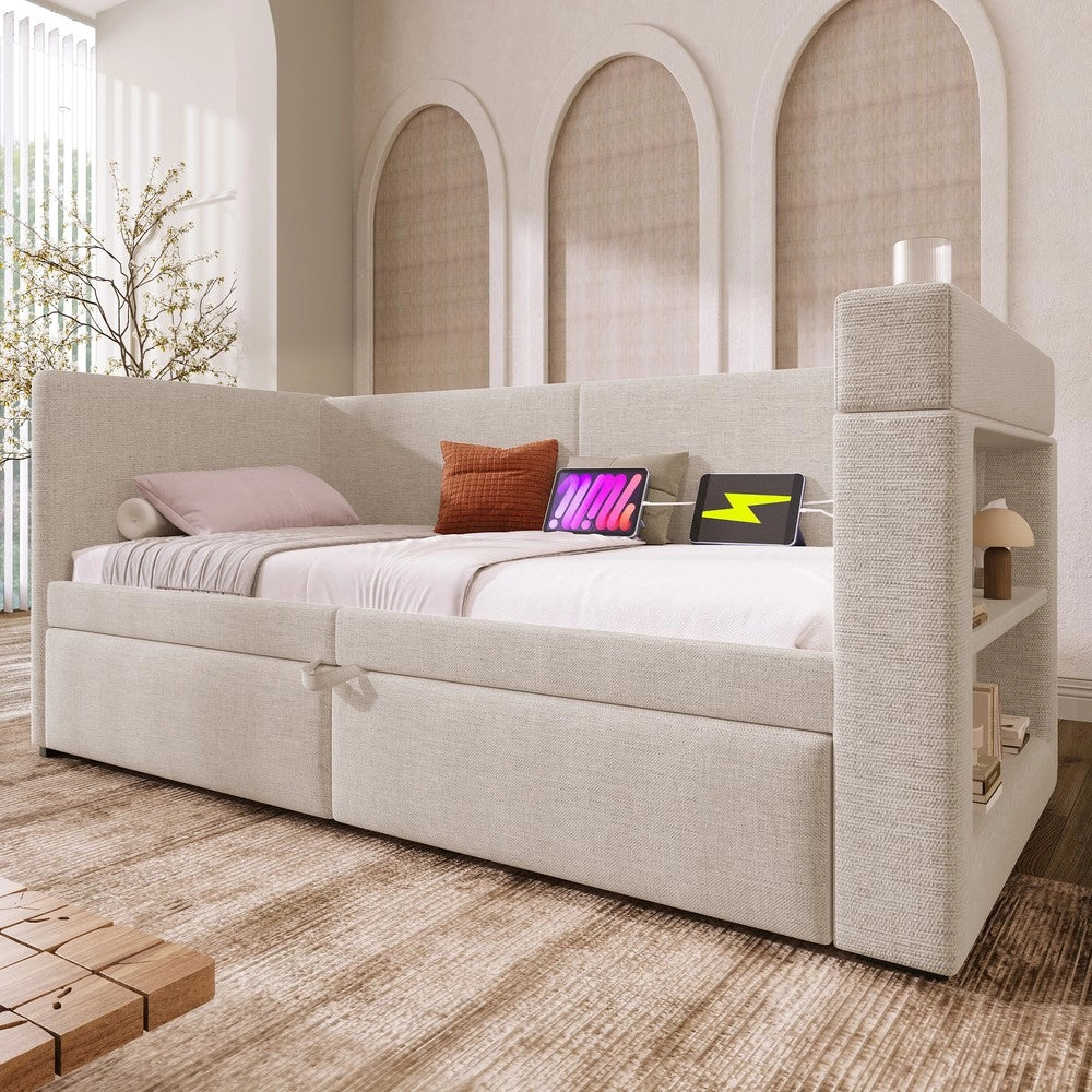 Letto Singolo Imbottito con Rete Estraibile ¨C MINIMAL ¨C Tessuto Beige 90x200