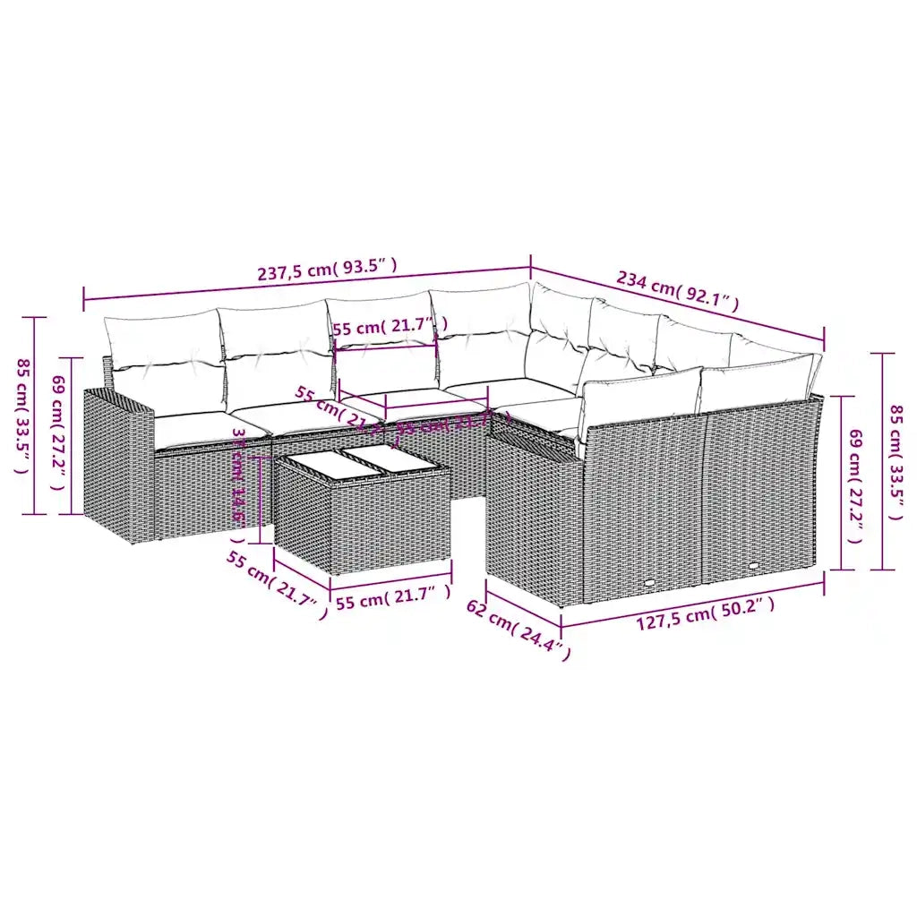 Set Divano da Giardino 9pz con Cuscini Grigio Chiaro Polyrattan