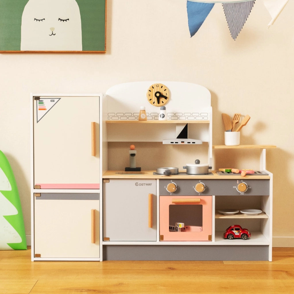 Cucina giocattolo per bambini 3 anni+ con frigorifero, Set da cucina in legno con lavandino e utensili da cucina
