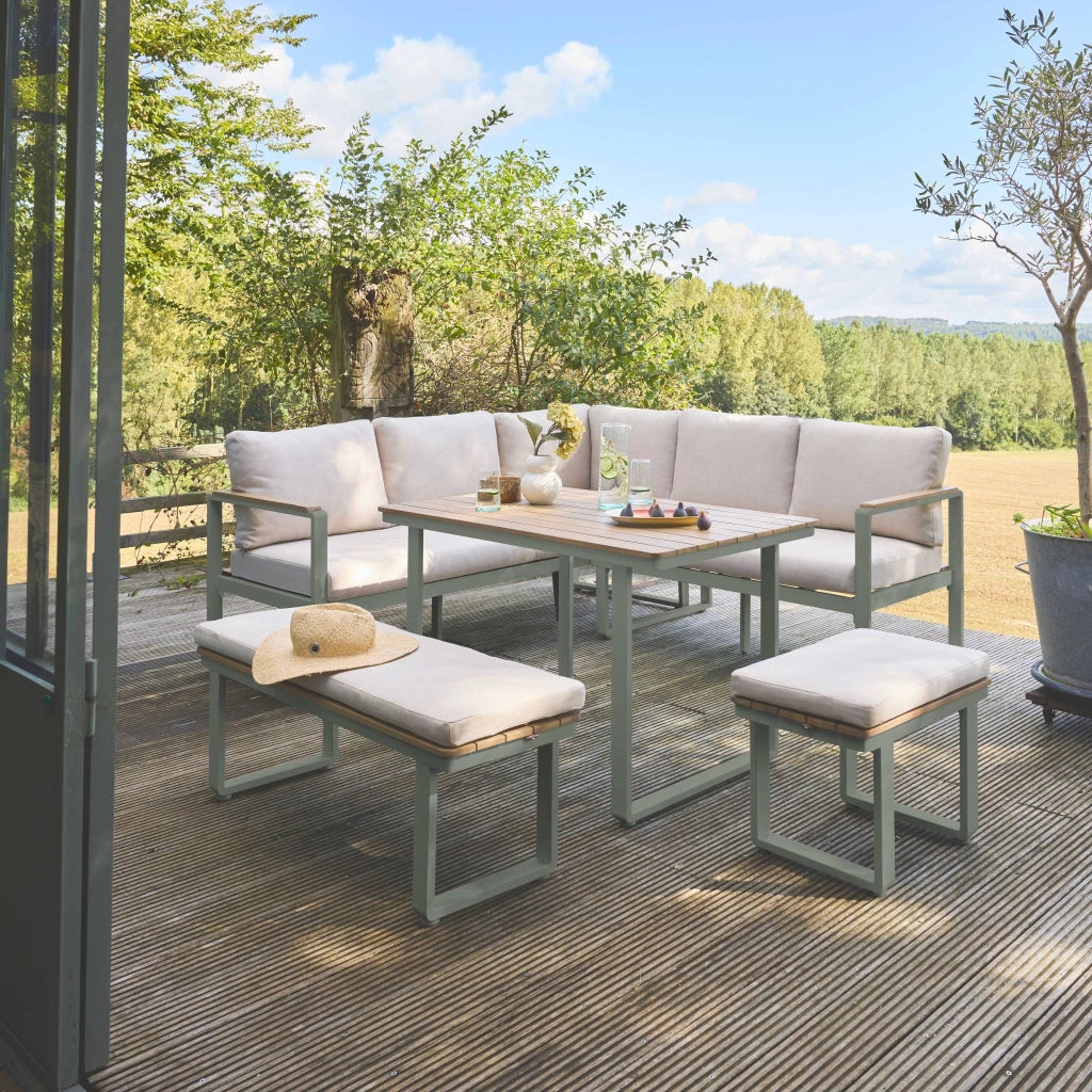 Salotto da giardino in legno di acacia e alluminio, 8 posti, verde