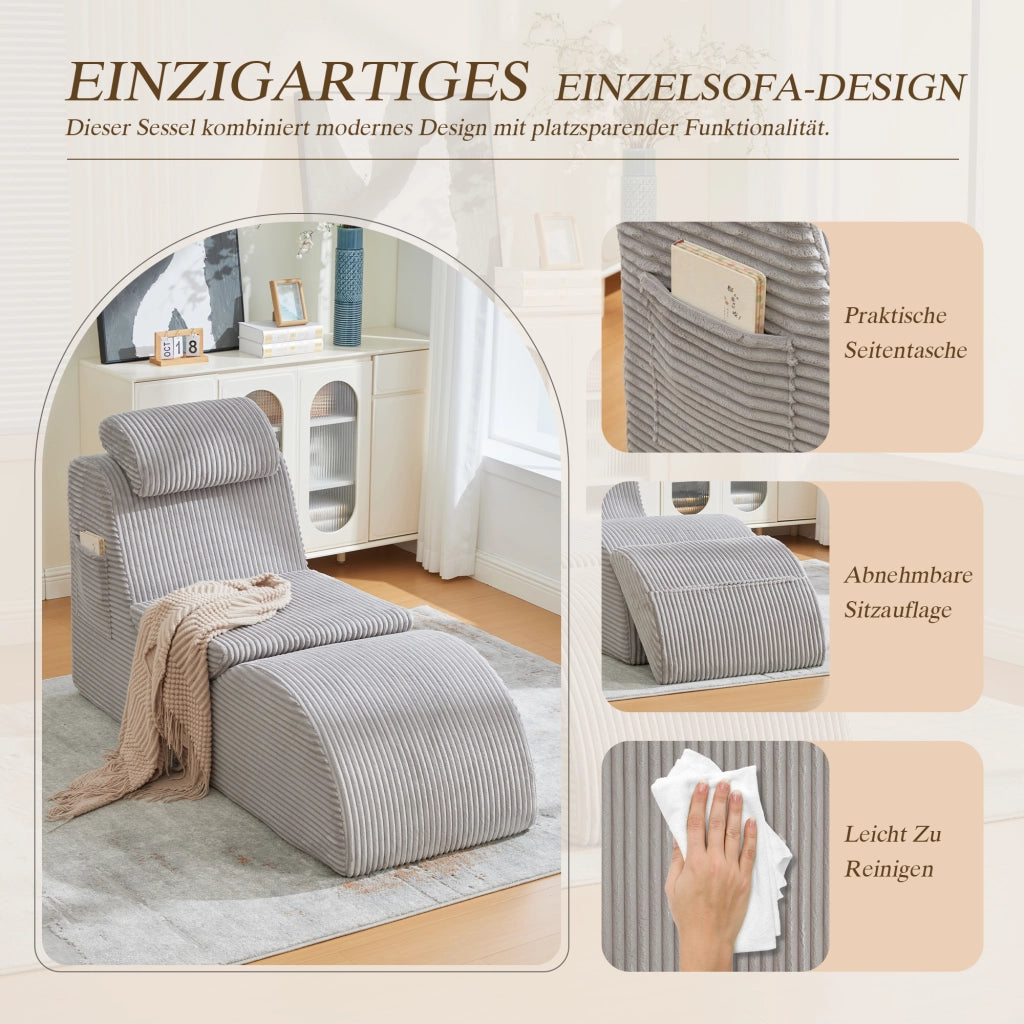 Poltrona ergonomica a compressione rapida con cuscino removibile e tasca laterale in tessuto a coste grigio chiaro