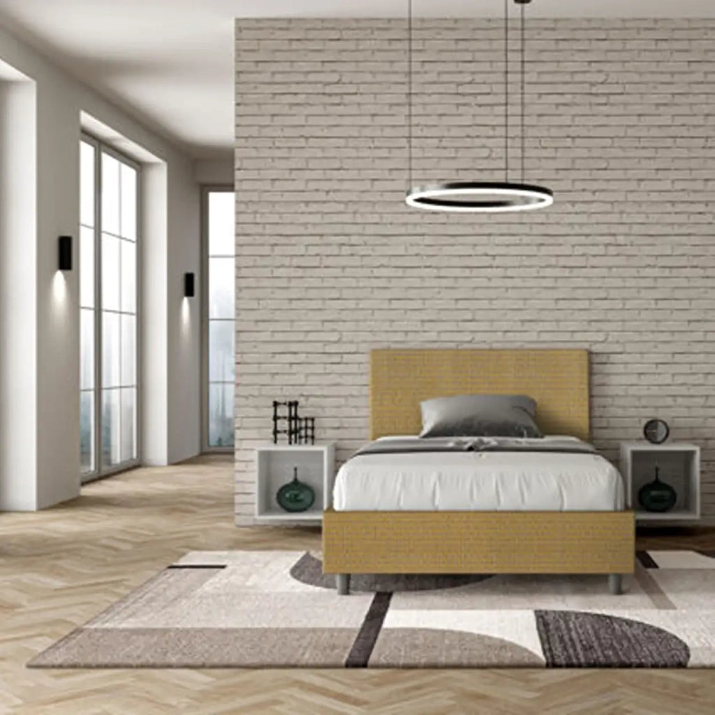 Letto una piazza e mezza contenitore imbottito 120x190 tessuto Labirinto 6 giallo Adele