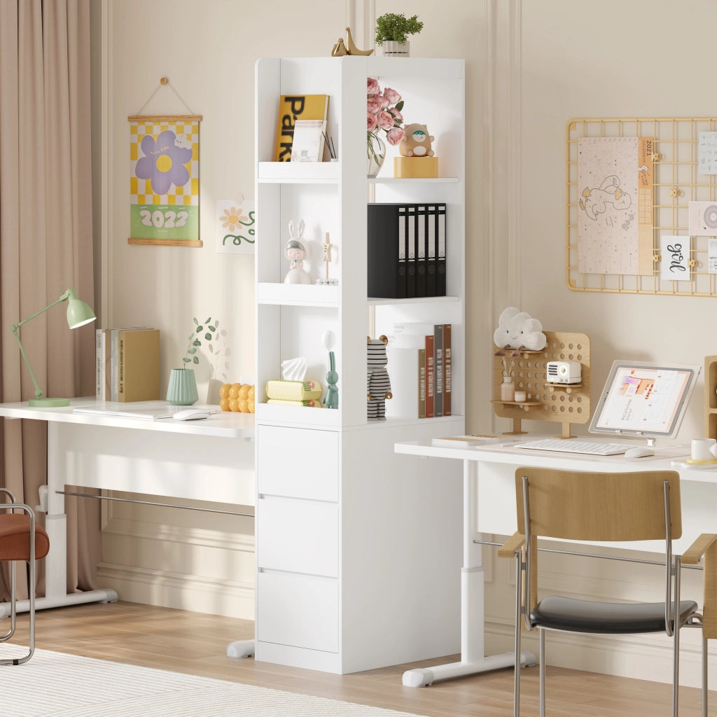 Libreria con 3 vani aperti e 3 cassetti; antiribaltamento - per studio - 60×40×200 cm - bianco