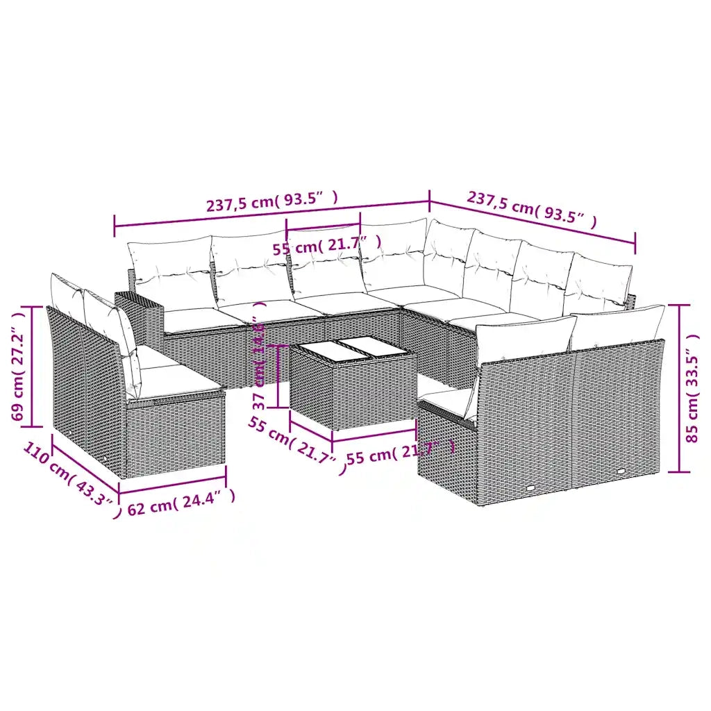 Set Divani da Giardino 12 pz con Cuscini Marrone in Polyrattan 3251480