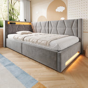 LETTO imbottito 140x200 cm con contenitore, velluto grigio scuro, LED, USB e Type-C