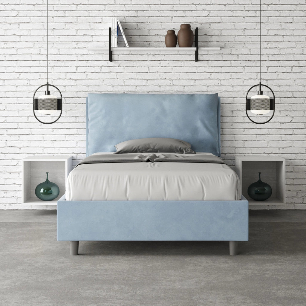 BS COM Letto una piazza e mezza con rete imbottito 110x190 microfibra azzurro
