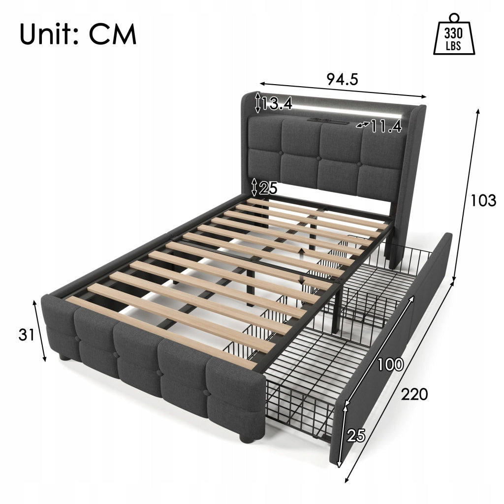 Letto singolo 90x200 - Xylo - Grigio con 2 cassetti e USB