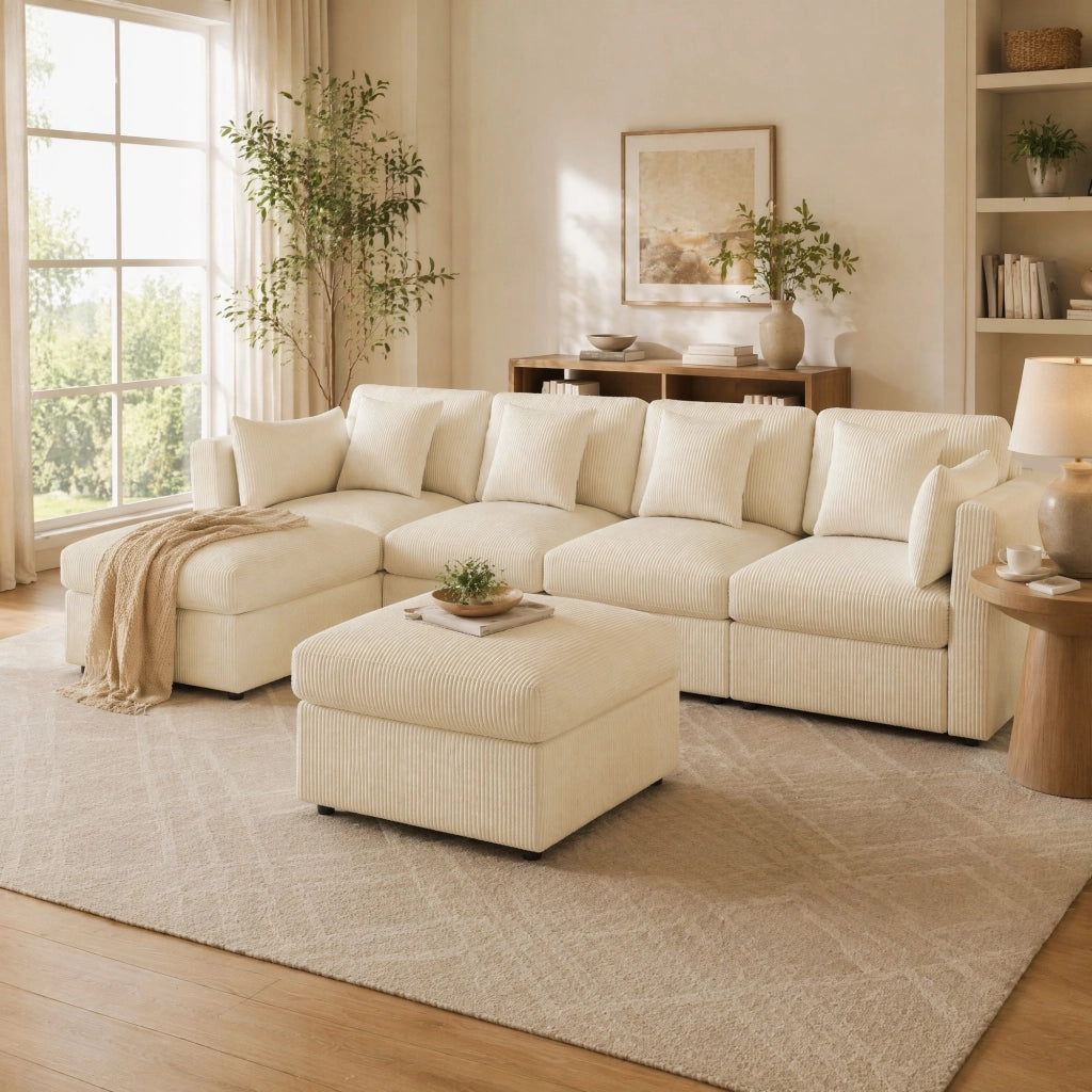 Divano angolare a U 4-6 posti con braccioli regolabili e pouf, in velluto a coste Beige