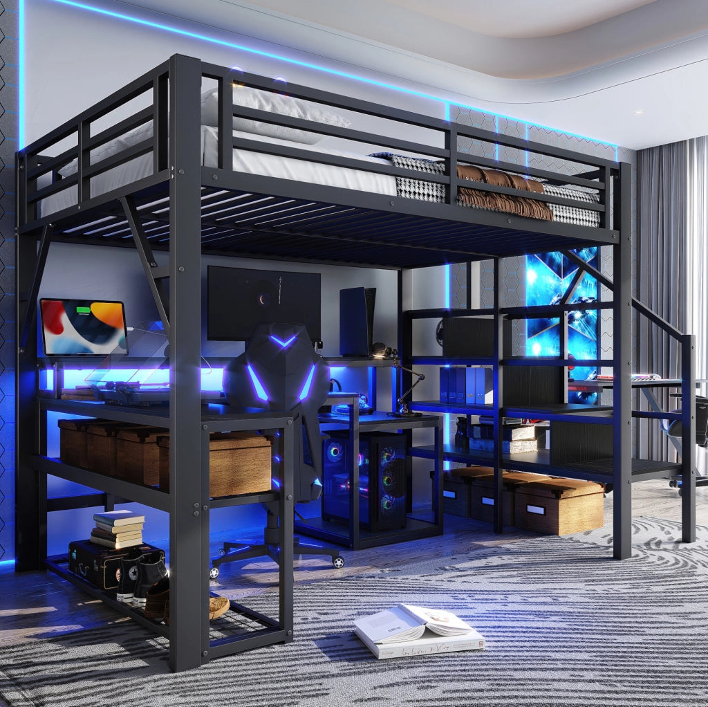 Letto a soppalco 140x200 cm in metallo e MDF; con scrivania; LED e USB; nero