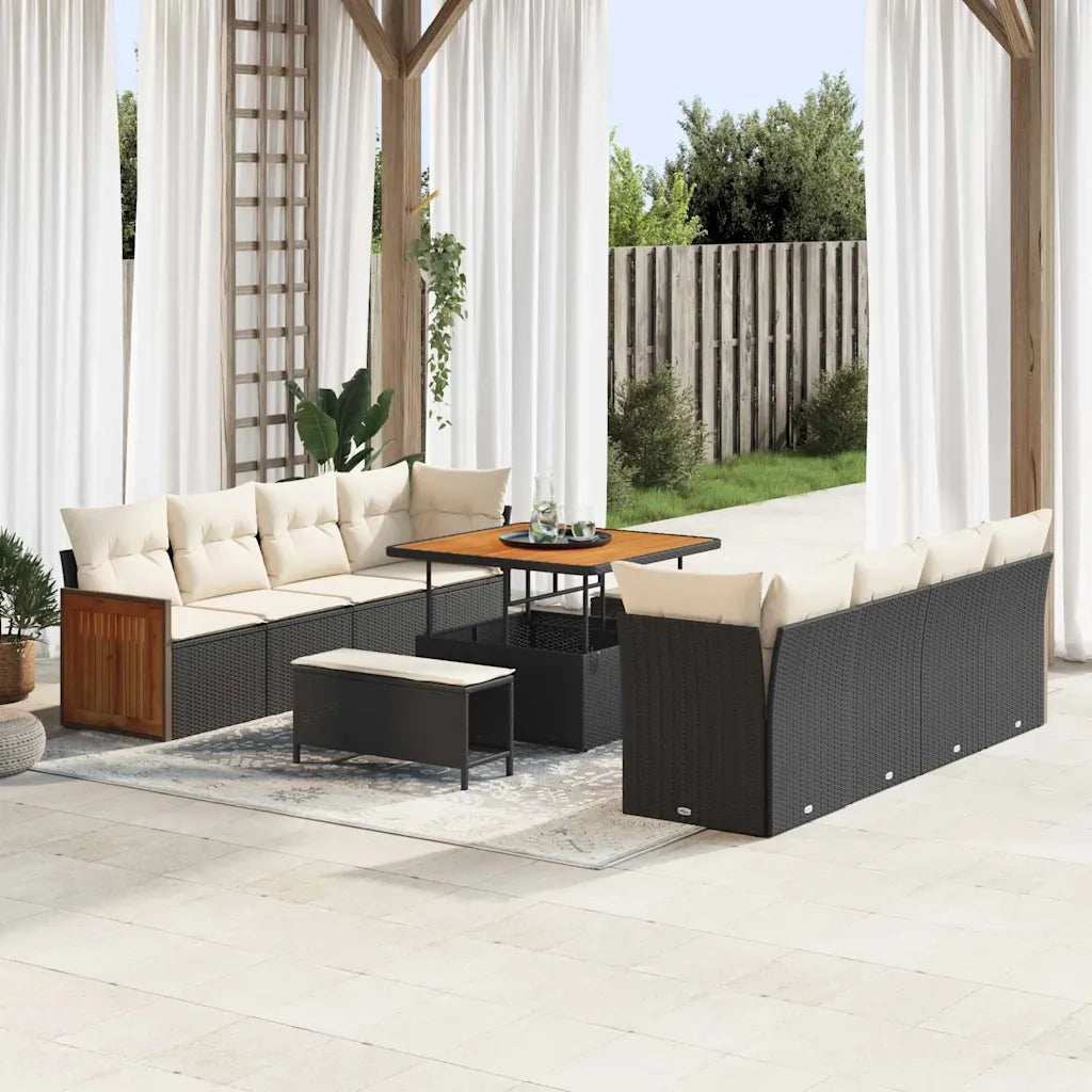 Set Divano da Giardino con cuscino 11 pcs Nero e Crema