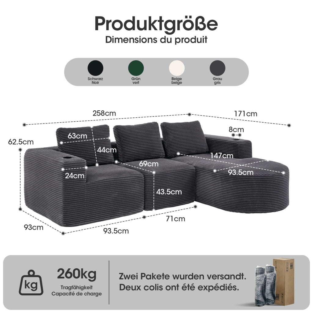 Divano 2 Posti con Cuscini e Portabicchieri ¨C MINIMAL ¨C Tessuto, 265 cm