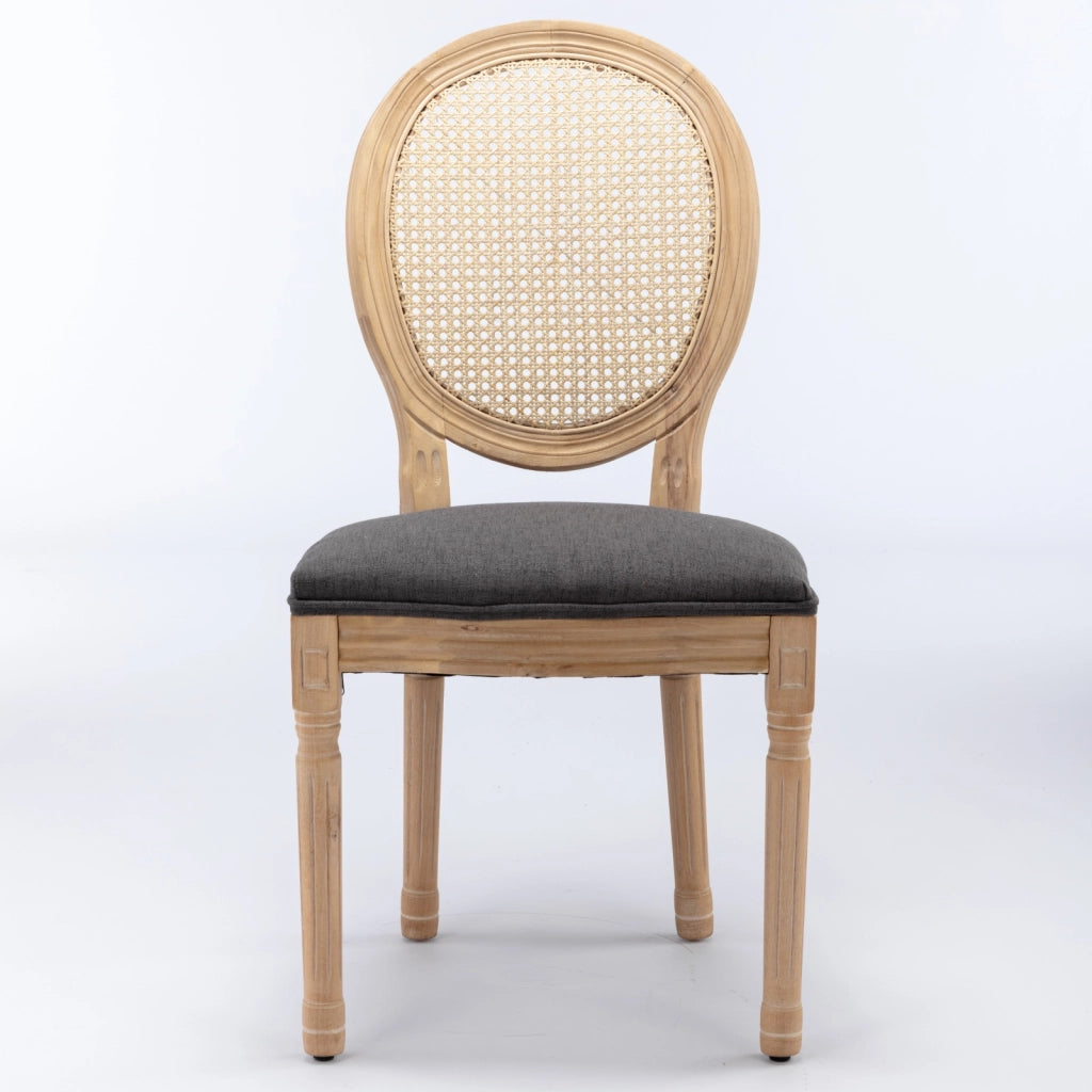 Sedie da Pranzo in Legno Massello con Schienale in Rattan ¨C Xylo ¨C Set 2 Pezzi, Tessuto Lino, Grigio
