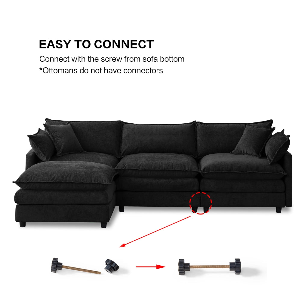 Divano angolare modulare 3 posti con pouf mobile chaise longue e rivestimento sfoderabile in chenille nero