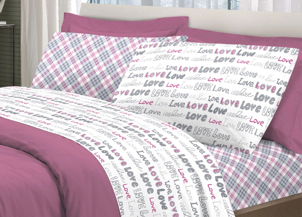 Completo Lenzuola Letto Linea Young 100% Cotone Disegno Love Love - Piazza E Mezza - Rosa