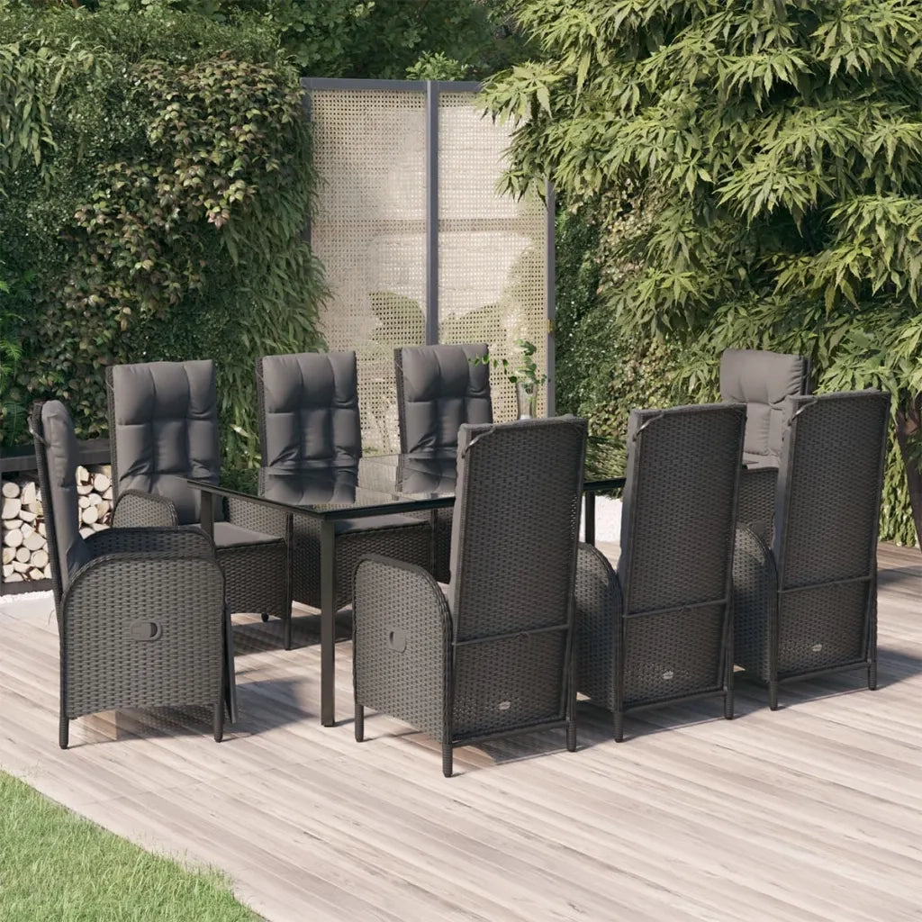 Set da Pranzo da Giardino 9 pz con Cuscini Nero in Polyrattan 3185196