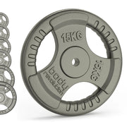 2 dischi da 15kg, ghisa, tri-grip, foro 25mm, per casa o palestra