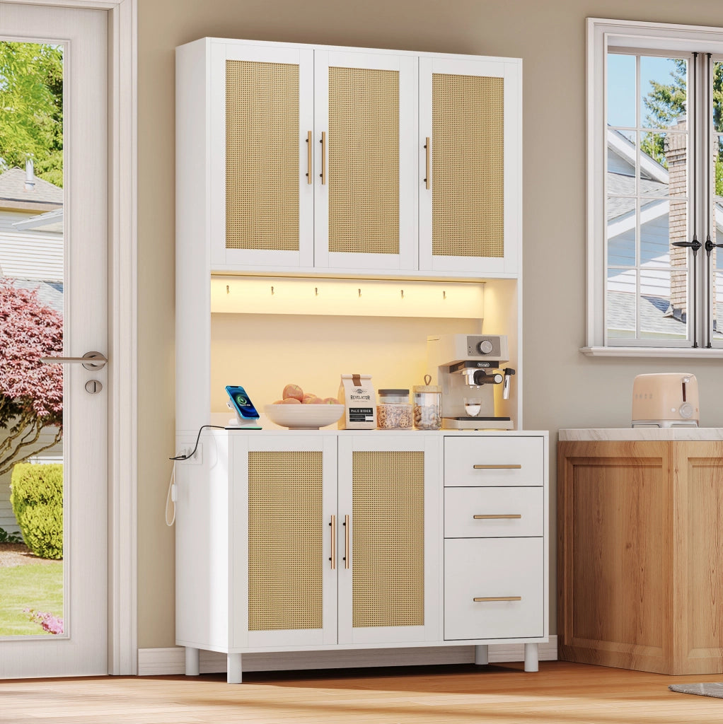 Credenza da cucina con LED controllabili da app; prese USB e 2 prese elettriche; 100x40x183 cm; MDF bianco