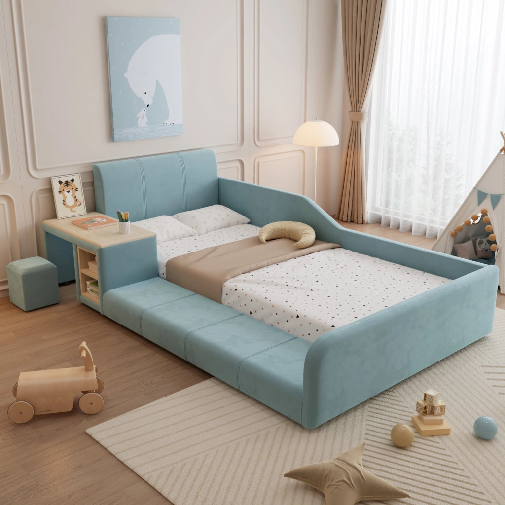 LETTO Singolo imbottito 90x200 cm con scrivania e sgabello in velluto blu
