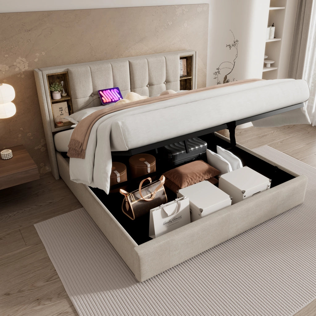 Letto Contenitore Matrimoniale 180x200 cm; USB e Type-C; Ricarica Wireless - Lino