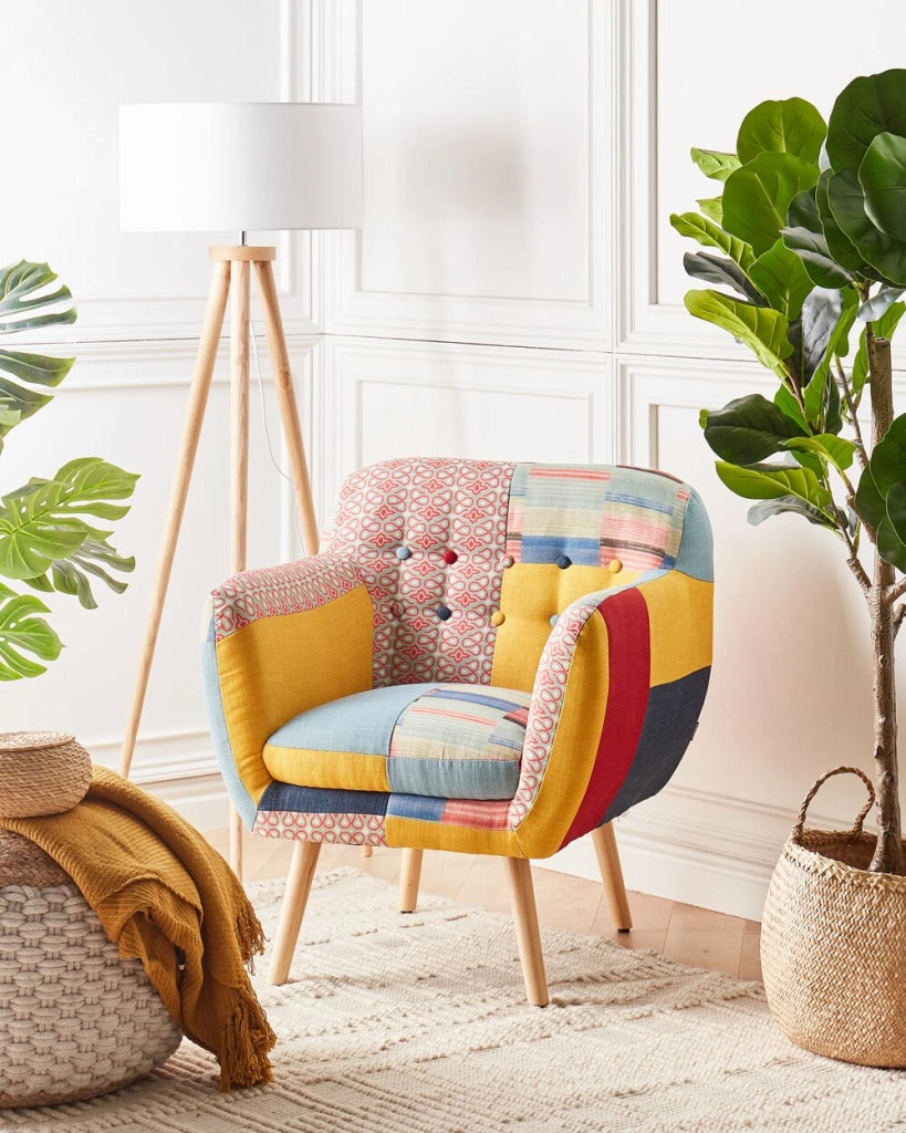 Poltrona Multicolore Tessuto Patchwork Tappezzeria Con Bottoni Retro Sedia Club Stile Retrò