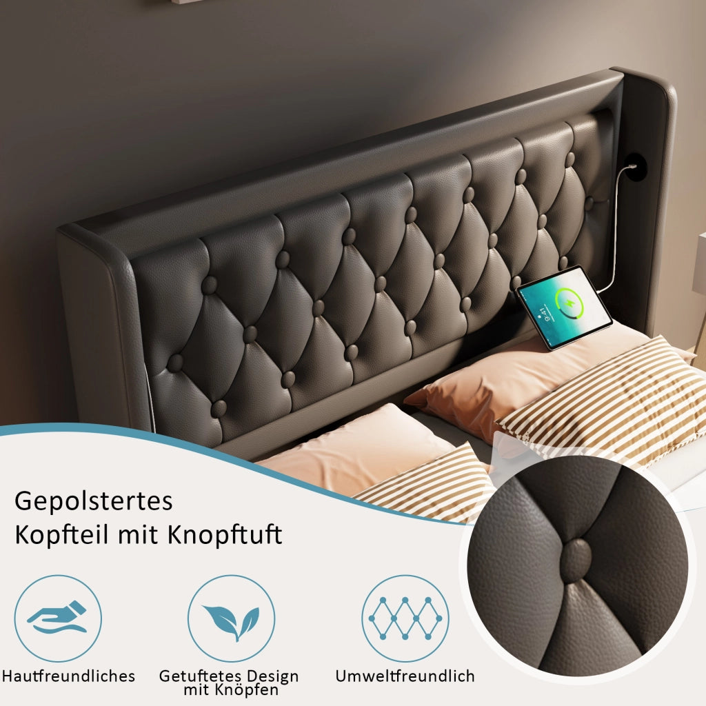LETTO contenitore 160x200 cm in PU nero con USB Type-C e LED