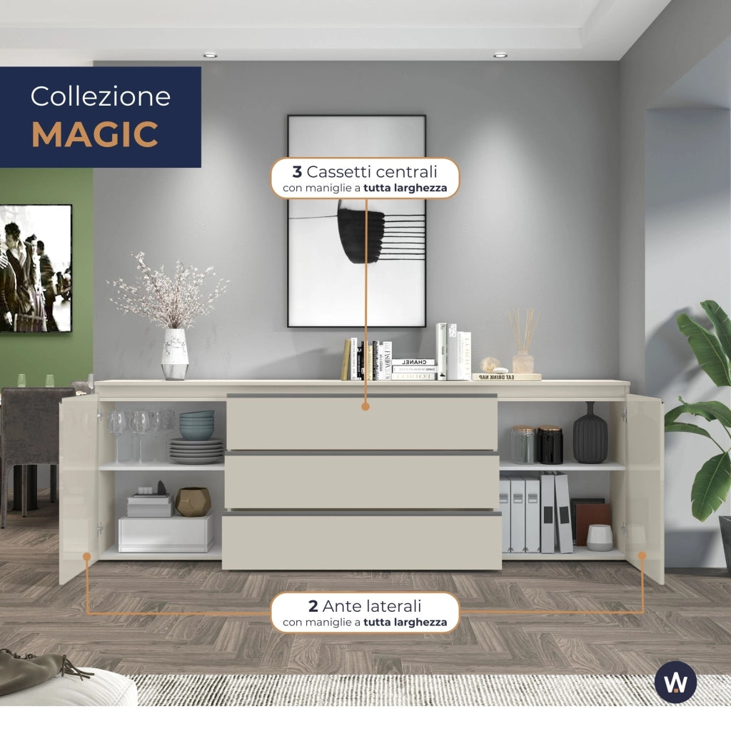 WHOUS Credenza Magic 2 ante e 3 cassetti centrali cashmere 240x40x80 cm