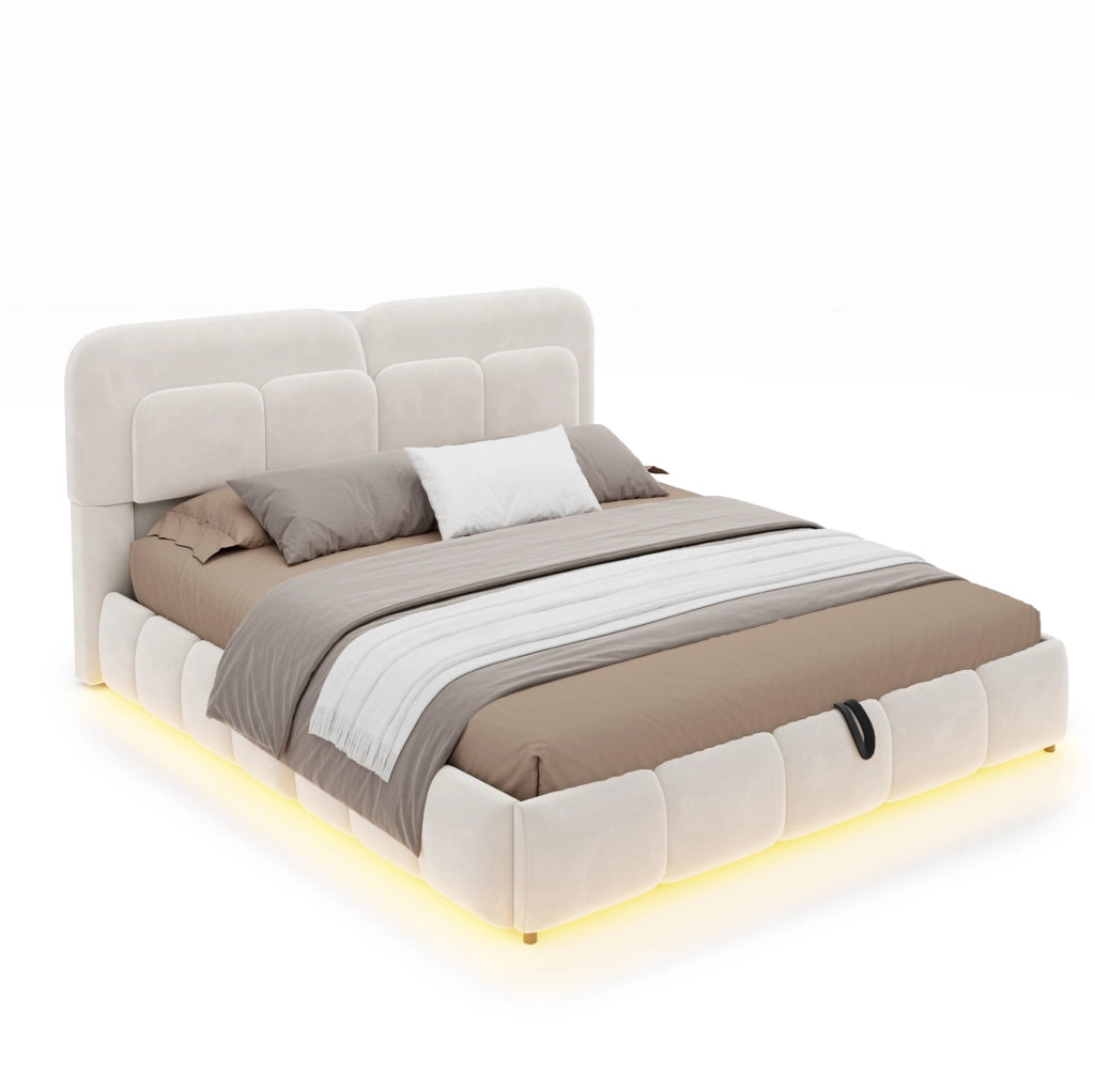 Letto matrimoniale imbottito 140x200 cm in velluto beige con LED e contenitore idraulico