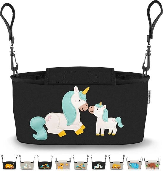 Organizzatore di passeggino con dispensatore di tovagliolo umido - 12 motivi - borsa a tracolla - tas di stoccaggio - gradino per bambini - nero con stampa di unicornio