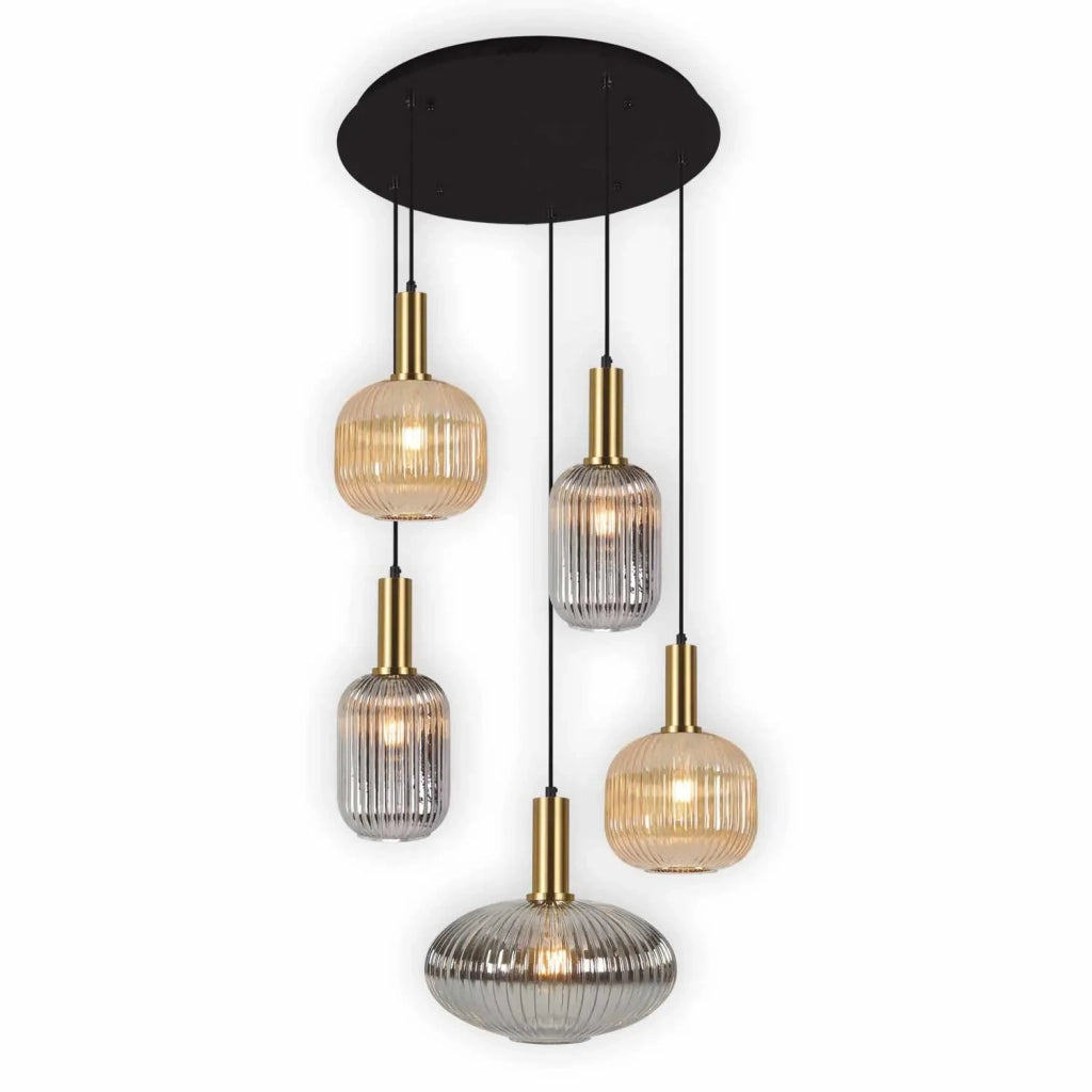 LÚZETE - LAMPADA DA SOFFITTO 5 LUCI COMBINATE PARALUMI AMBRA/FUMÉ Ø70 E27 SHELBY